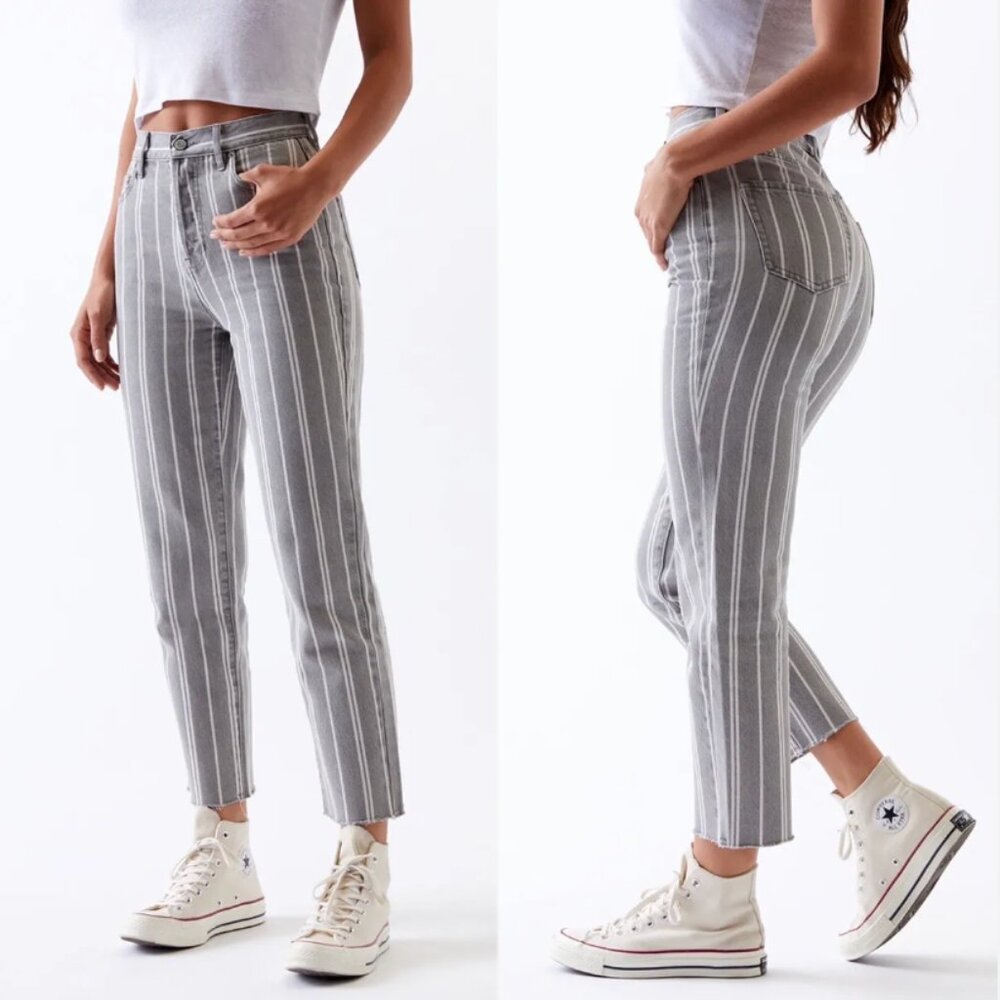 Pacsun High Rise Distressed Straight Gray-White Striped Jeans- Women's 25
